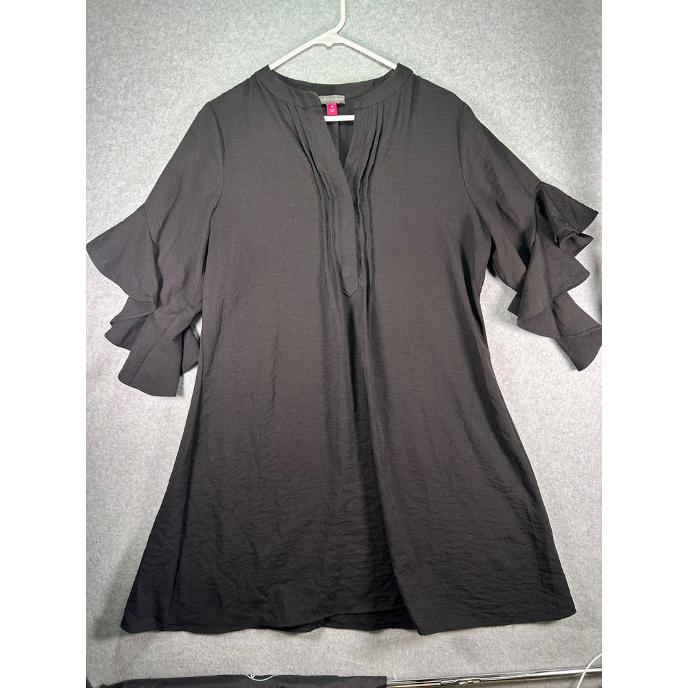 Vince Camuto Womens Black Tiered Ruffle Sleeve Pleated V Neck Tunic Mini Dress M